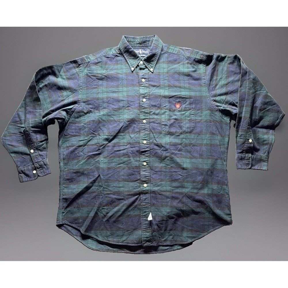 Vintage Polo Ralph Lauren The Big Shirt. Green Plaid w/Crest Logo 90's Sz. L